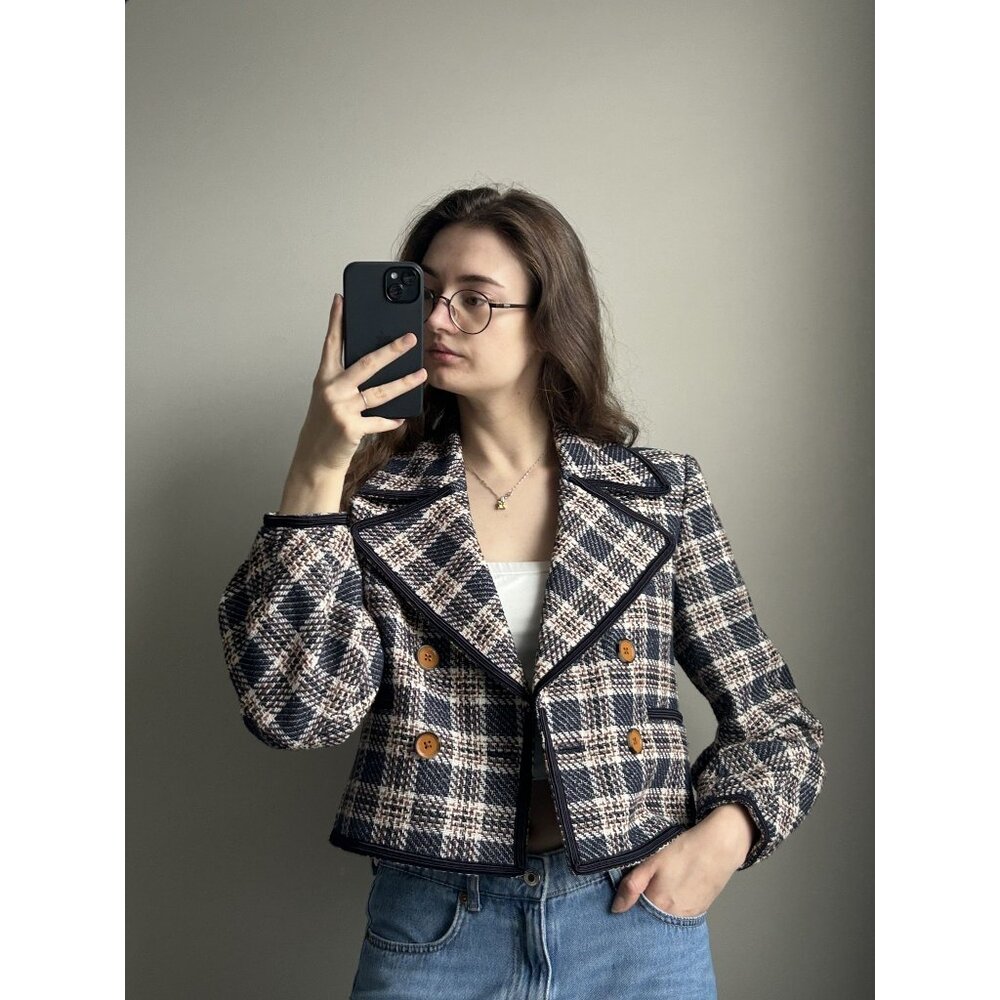 Veronica Beard Aise Plaid Seamed Cropped Tweed Jacket Size 4 – Designer Tailored